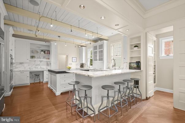 Interior, Kitchen, Marble Walls, Pendant Lights, Recessed Lighting, Wood Texture Flooring