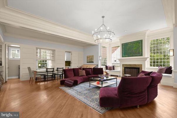 Chandelier, Dining room, Fireplace, Interior, Living room, Pendant Lights, Wood Texture Flooring