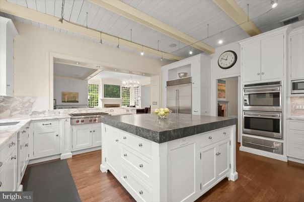 Chandelier, Interior, Kitchen, Recessed Lighting, Stainless Steel Appliances, Wood Texture Flooring