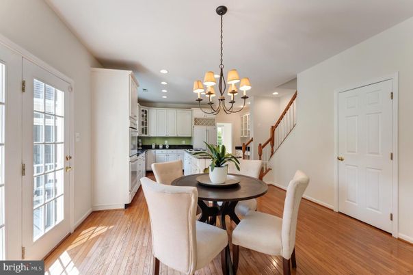 Chandelier, Dining room, Interior, Kitchen, Recessed Lighting, Wood Texture Flooring