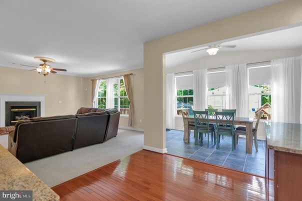 Dining room, Fireplace, Interior, Living room, Wood Texture Flooring
