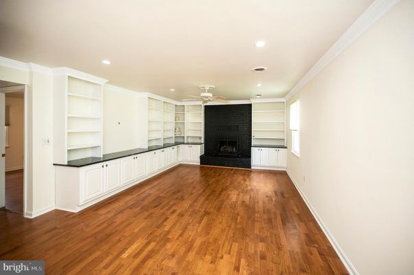 Empty room, Fireplace, Interior, Recessed Lighting, Wood Texture Flooring
