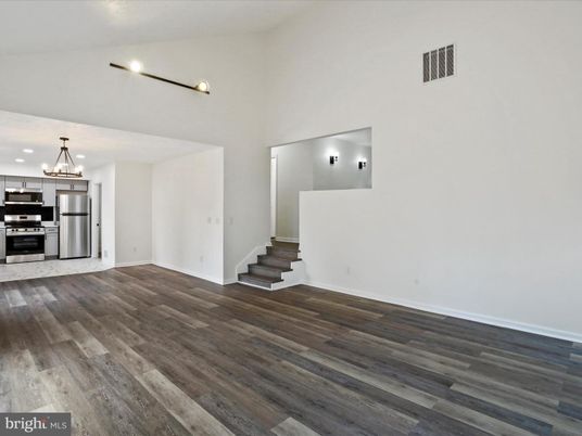 Chandelier, Empty room, Interior, Kitchen, Stainless Steel Appliances, Wood Texture Flooring