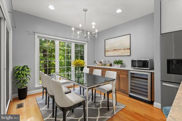 Dining room, Interior, Pendant Lights, Recessed Lighting, Wood Texture Flooring