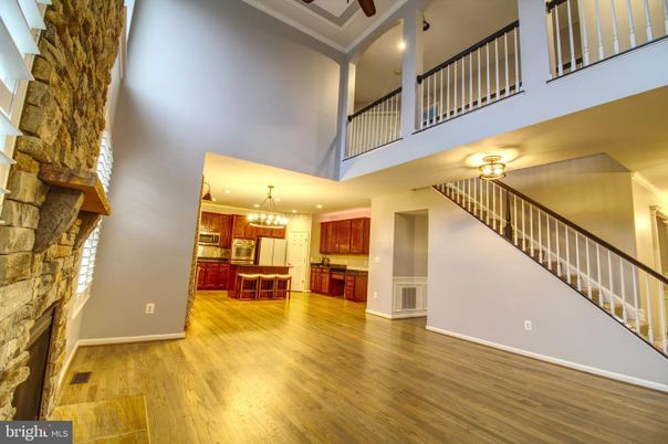 Chandelier, Interior, Kitchen, Recessed Lighting, Stone Walls, Wood Texture Flooring
