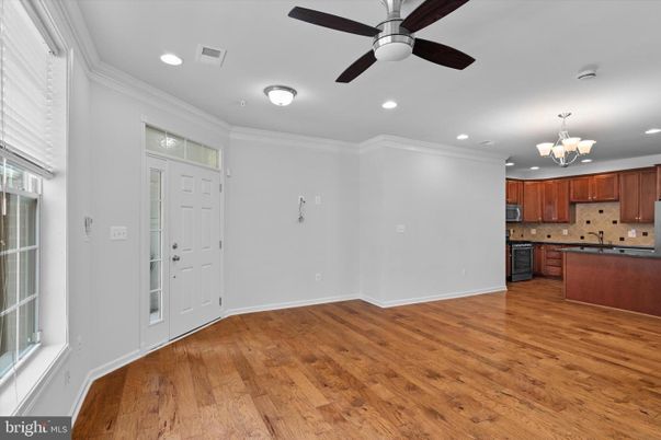 Chandelier, Empty room, Interior, Kitchen, Recessed Lighting, Wood Texture Flooring
