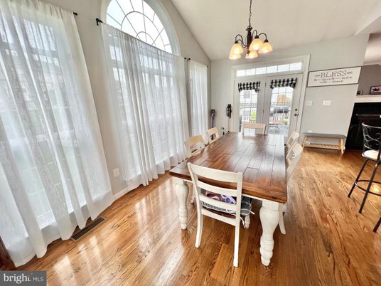 Chandelier, Dining room, Interior, Wood Texture Flooring