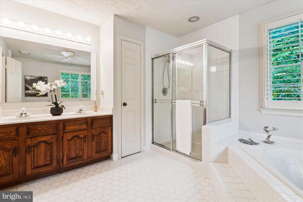 Bathroom, Dual Sink Vanities, Glass Shower, Interior, Recessed Lighting