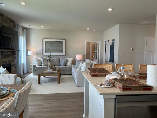 Dining room, Fireplace, Interior, Living room, Recessed Lighting, Wood Texture Flooring