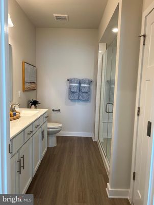 Bathroom, Dual Sink Vanities, Glass Shower, Interior, Recessed Lighting, Wood Texture Flooring