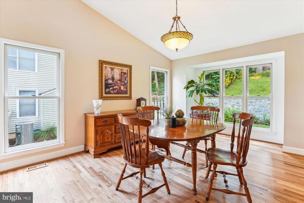 Dining room, Interior, Pendant Lights, Wood Texture Flooring