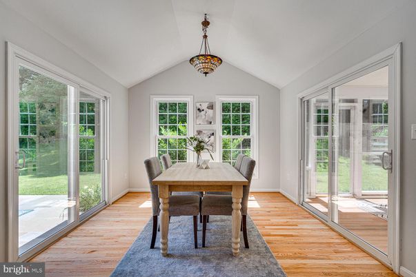 Dining room, Interior, Pendant Lights, Wood Texture Flooring