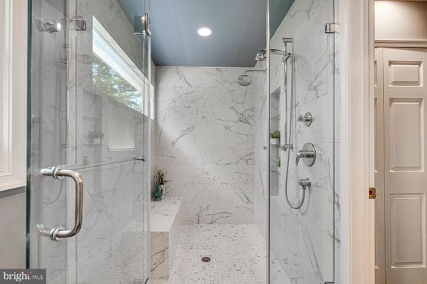 Bathroom, Glass Shower, Interior, Marble Walls, Recessed Lighting