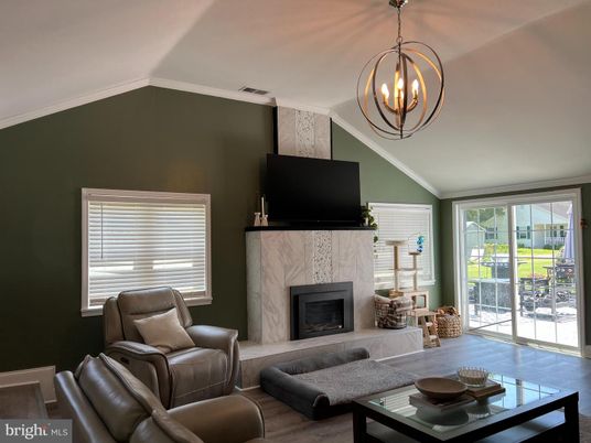 Fireplace, Interior, Living room, Pendant Lights, Wood Texture Flooring