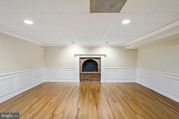 Empty room, Fireplace, Interior, Recessed Lighting, Wood Texture Flooring