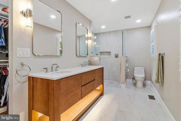 Bathroom, Dual Sink Vanities, Glass Shower, Interior, Marble, Recessed Lighting