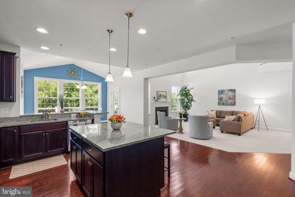 Fireplace, Interior, Kitchen, Living room, Pendant Lights, Recessed Lighting, Wood Texture Flooring