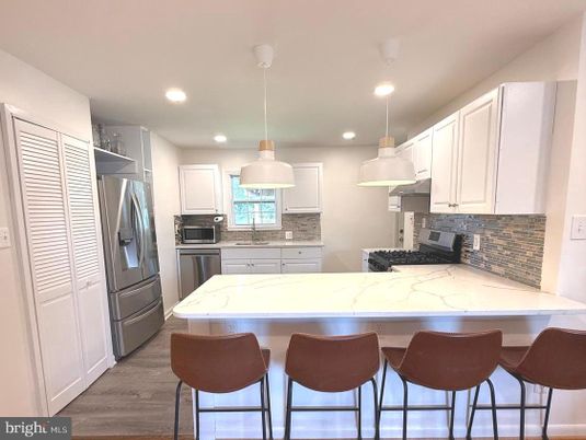 Interior, Kitchen, Pendant Lights, Recessed Lighting, Stainless Steel Appliances, Wood Texture Flooring