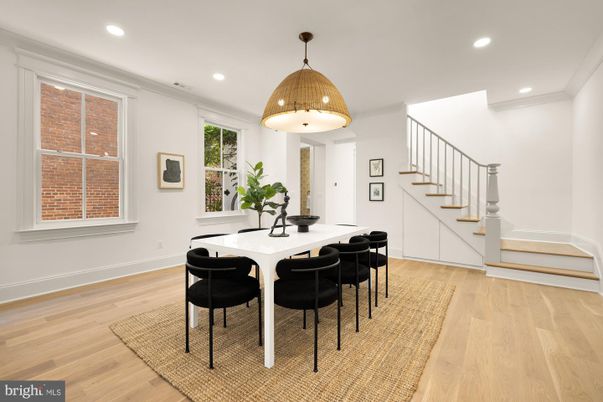 Dining room, Interior, Pendant Lights, Recessed Lighting, Wood Texture Flooring