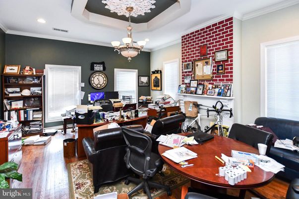 Chandelier, Home Office, Interior, Recessed Lighting, Wood Texture Flooring