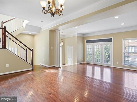 Chandelier, Empty room, Interior, Pendant Lights, Recessed Lighting, Wood Texture Flooring