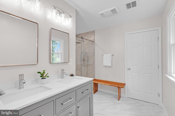 Bathroom, Dual Sink Vanities, Glass Shower, Interior, Marble, Marble Walls