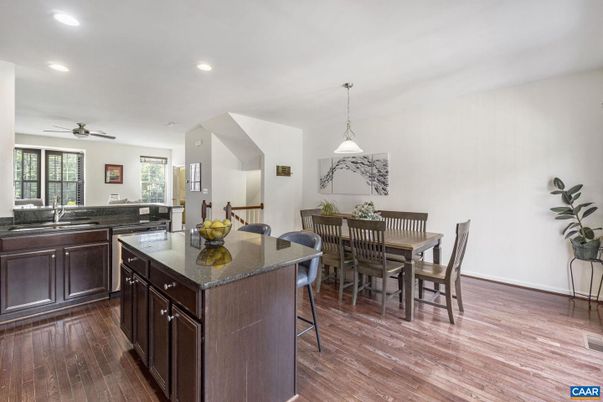 Dining room, Interior, Kitchen, Pendant Lights, Recessed Lighting, Wood Texture Flooring