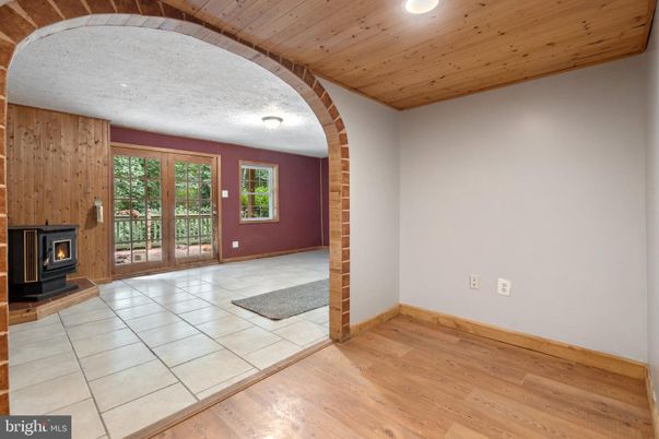 Empty room, Fireplace, Interior, Recessed Lighting, Wooden Ceilings, Wood Texture Flooring