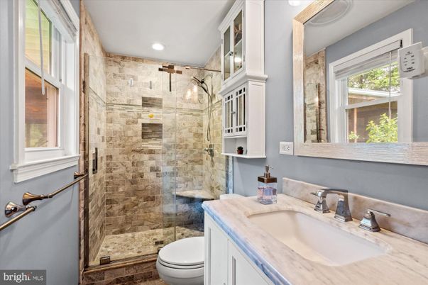 Bathroom, Glass Shower, Interior, Recessed Lighting, Stone Walls
