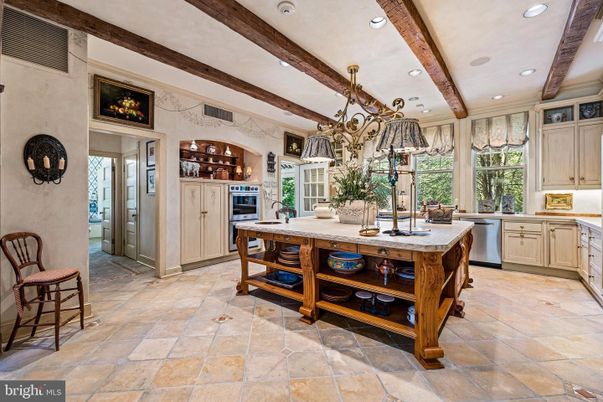 Chandelier, Interior, Kitchen, Recessed Lighting, Stainless Steel Appliances, Wooden Beams