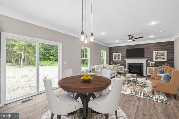 Dining room, Fireplace, Interior, Living room, Pendant Lights, Recessed Lighting, Wood Texture Flooring, Wooden Walls