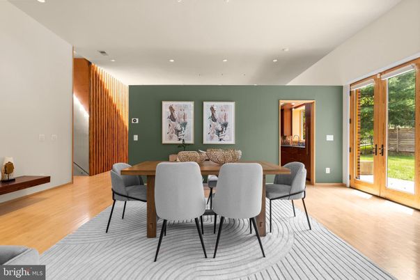Dining room, Interior, Recessed Lighting, Wood Texture Flooring