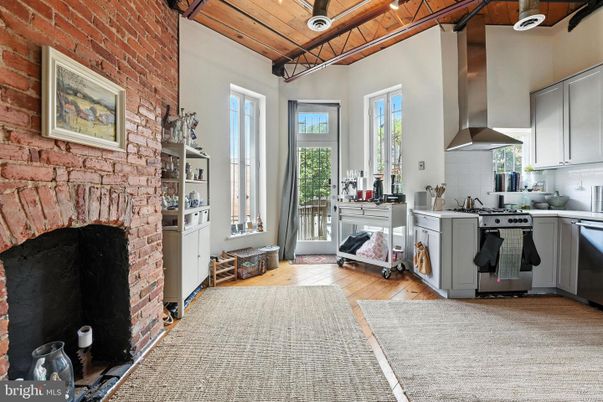 Fireplace, Interior, Kitchen, Stone Walls, Wooden Ceilings, Wood Texture Flooring
