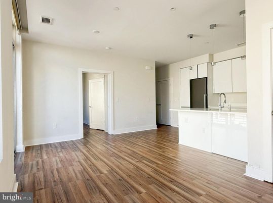 Empty room, Interior, Kitchen, Pendant Lights, Recessed Lighting, Wood Texture Flooring