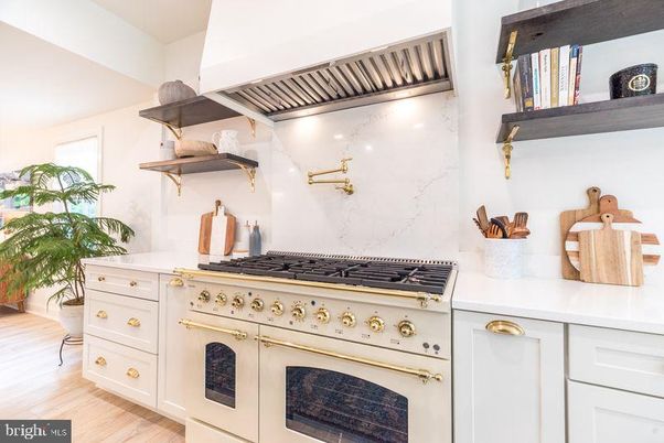 Interior, Kitchen, Marble Walls, Stainless Steel Appliances, Wood Texture Flooring