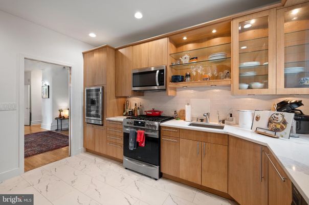 Interior, Kitchen, Marble, Recessed Lighting, Stainless Steel Appliances, Wood Texture Flooring