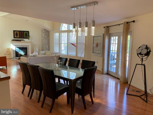 Dining room, Fireplace, Interior, Living room, Pendant Lights, Wood Texture Flooring