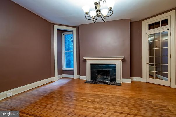 Chandelier, Empty room, Fireplace, Interior, Wood Texture Flooring