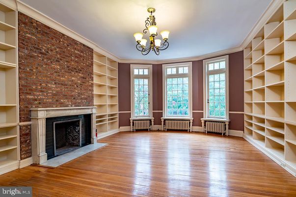 Chandelier, Empty room, Fireplace, Interior, Stone Walls, Wood Texture Flooring