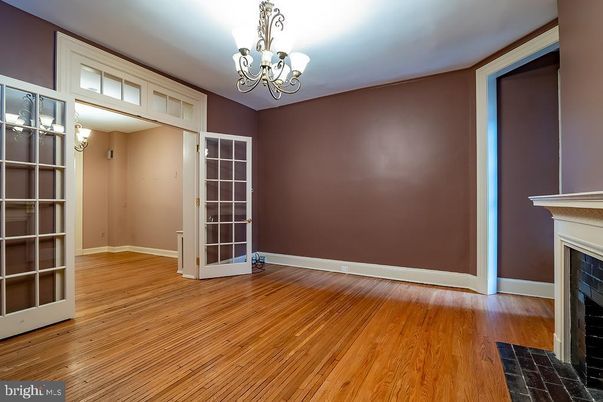 Chandelier, Empty room, Fireplace, Interior, Wood Texture Flooring