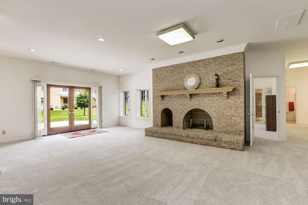 Empty room, Fireplace, Interior, Recessed Lighting, Stone Walls