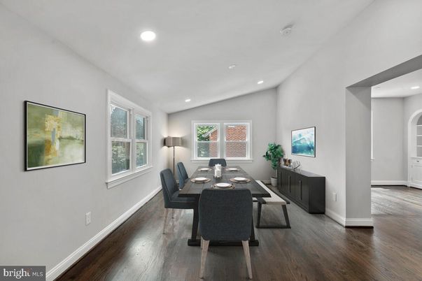 Dining room, Interior, Recessed Lighting, Wood Texture Flooring