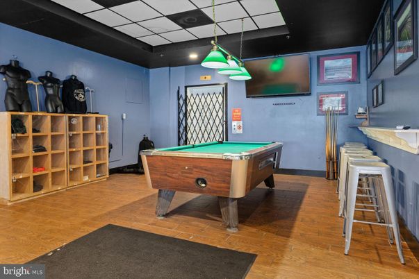 Billiard Table, Game Room, Interior, Pendant Lights, Recessed Lighting, Wood Texture Flooring