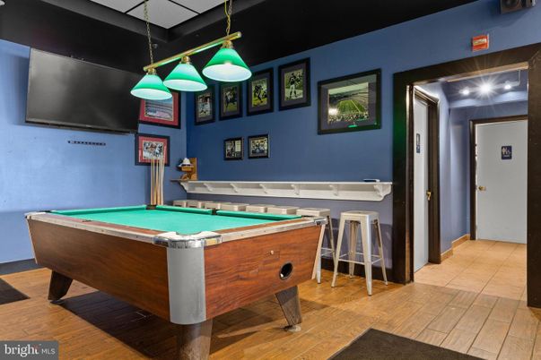 Billiard Table, Game Room, Interior, Pendant Lights, Wood Texture Flooring