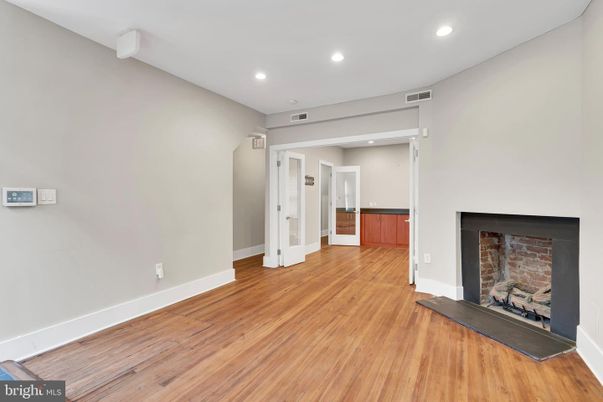 Empty room, Fireplace, Interior, Recessed Lighting, Wood Texture Flooring