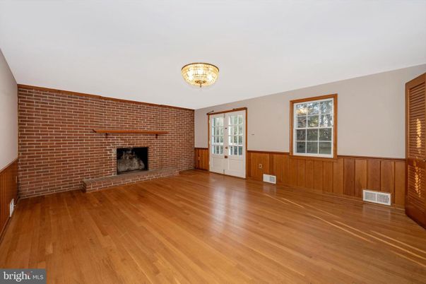 Empty room, Fireplace, Interior, Stone Walls, Wood Texture Flooring