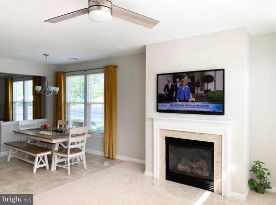Chandelier, Dining room, Fireplace, Interior