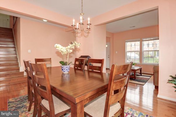 Chandelier, Dining room, Interior, Recessed Lighting, Wood Texture Flooring
