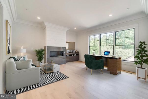 Fireplace, Home Office, Interior, Recessed Lighting, Wood Texture Flooring