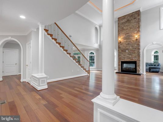 Fireplace, Interior, Recessed Lighting, Stone Walls, Wood Texture Flooring